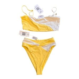 L*Space Color-Block Ari Top/Nancy Lee High Waisted Bottom - Cream/Lemon Drop NWT